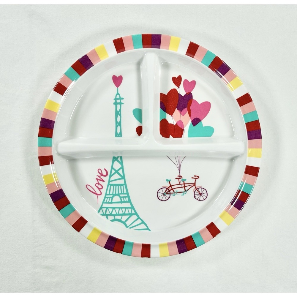 TARGET Child's Divided Melamine Plate 8.25" Round Paris Eiffel Tower Love Hearts